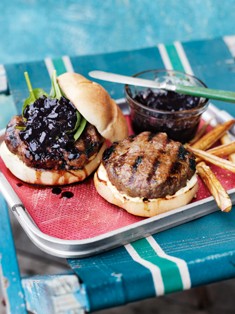 Beef and chorizo burgers with beetroot relish