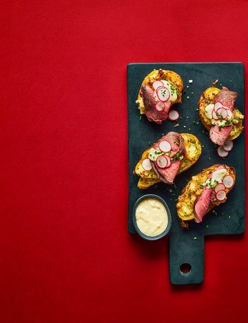 Beef and horseradish loaded potato skins