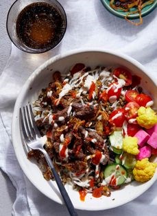 Beef and lentil bowl with tahini dressing