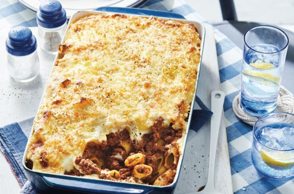 Beef and macaroni pie (Pastitsio) with kefalotyri cheese