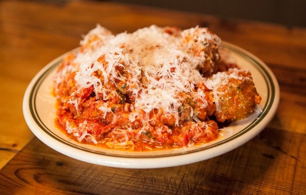Beef and mortadella meatballs in tomato sauce