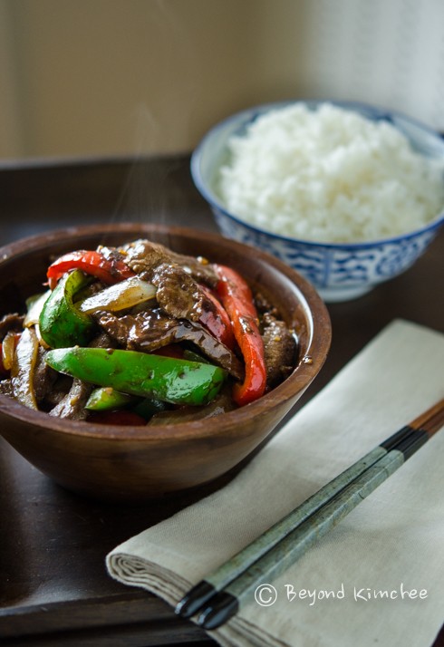 Beef and peppers stir-fry in black bean sauce