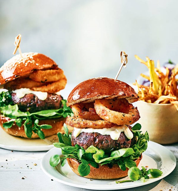 Beef and porcini burger with truffle mayo and crispy onions rings