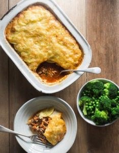 Beef and pork pie with crispy cheese potato top