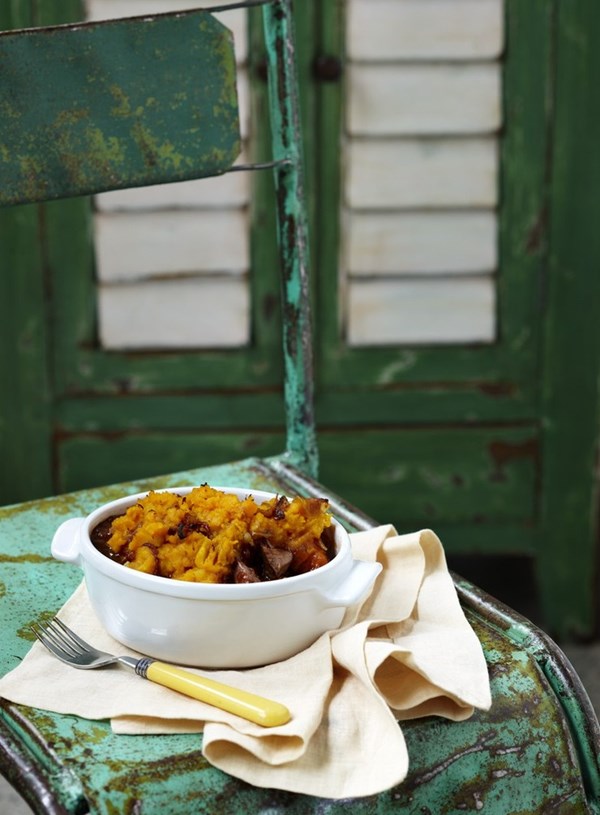 Beef and red wine pies with pumpkin and spiced mash