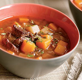 Beef and wild rice soup with squash and turnips
