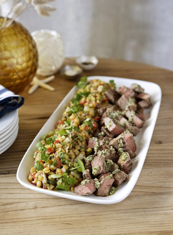 Beef and yellow split pea salad with pumpkin seed dressing