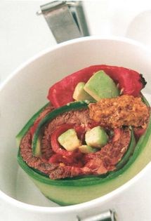 Beef, avocado, capsicum and cucumber roll