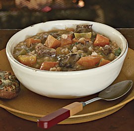 Beef, barley, and butternut squash stew with blue cheese croutons