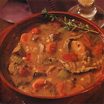 Beef barley soup with wild mushrooms and parsnips