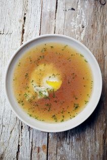 Beef bone broth with greens & poached egg