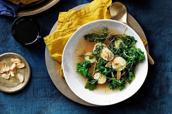 Beef bone broth with kale and potato