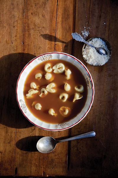 Beef broth with tortellini and Parmesan (Brodo)
