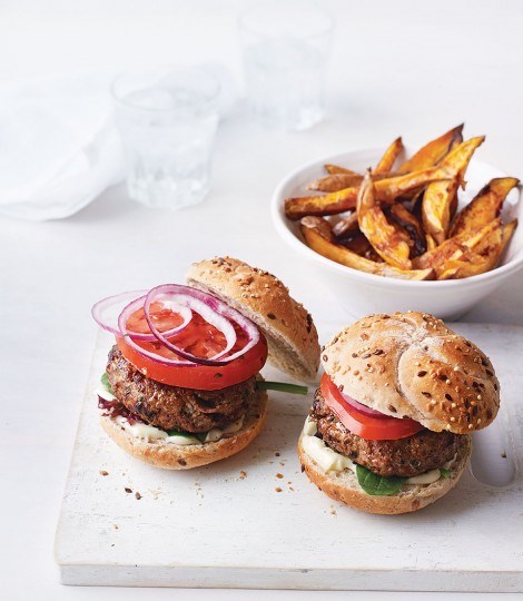 Beef burgers with smoky sweet potato wedges