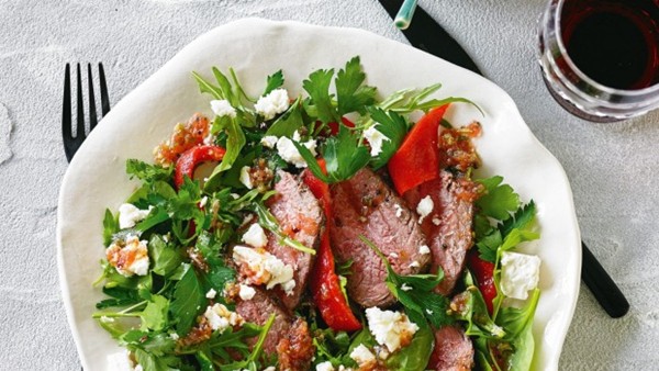 Beef, capsicum and feta salad with chimichurri dressing