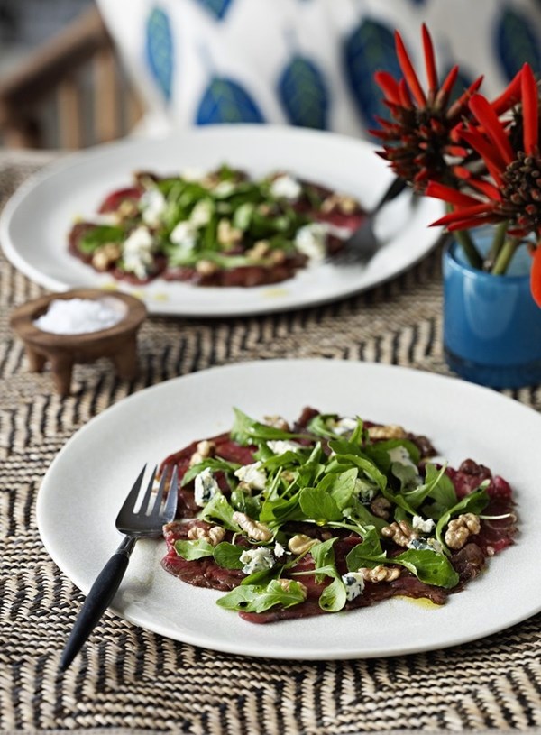Beef carpaccio with balsamic, walnuts and blue cheese