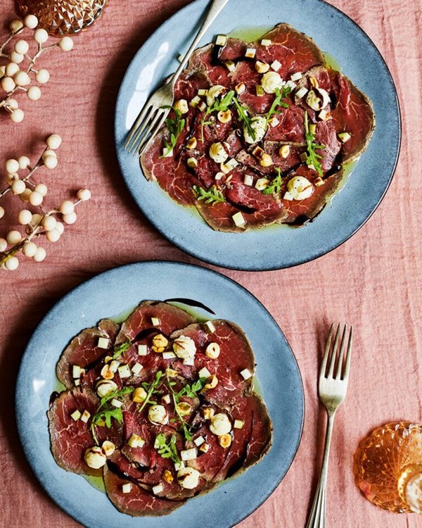 Beef carpaccio with pickled pear and Parmesan mayonnaise 
