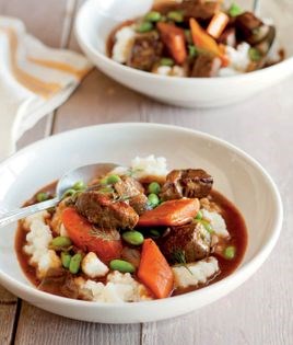 Beef, carrot, and edamame stew with dill and lemon