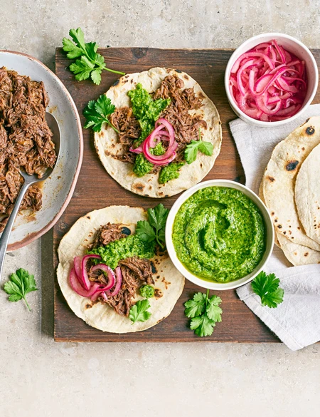 Beef cheek tacos with green salsa (Ruben Dawnay)