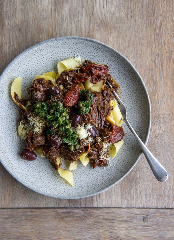 Beef cheeks on pappardelle with salsa verde