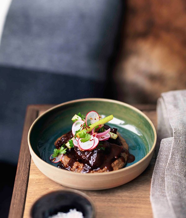 Beef cheeks with radish, mustard seed and pickled celery salad