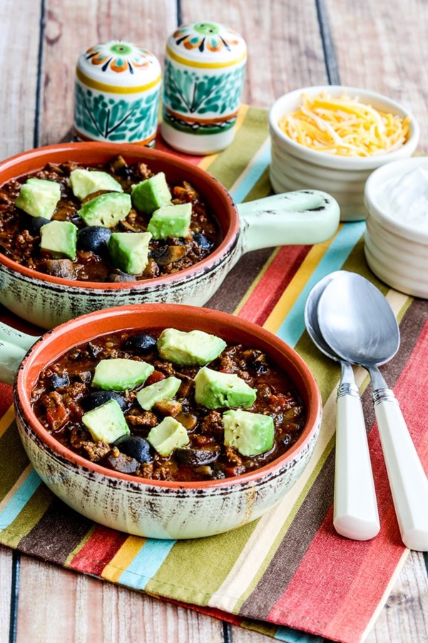 Beef chili with sausage, mushrooms, and olives
