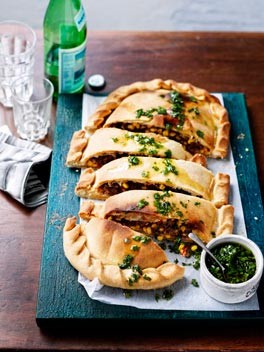 Beef, corn, chilli and oregano schiaciatta with salsa al salmoriglio