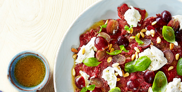 Beef crudo with burrata, basil & grapes