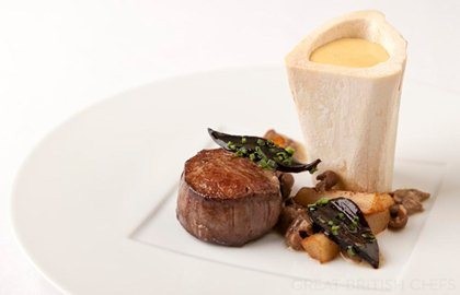Beef fillet with marrow bones, oyster sabayon and girolle mushrooms