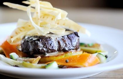 Beef fillet with roasted shallots, sauté potatoes and green peppercorn sauce