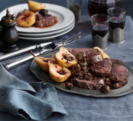 Beef fillet with spiced pears and chestnut pickle