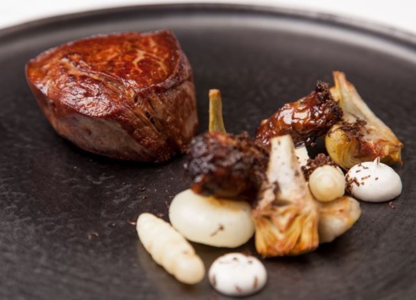 Beef fillets with braised oxtail and artichokes