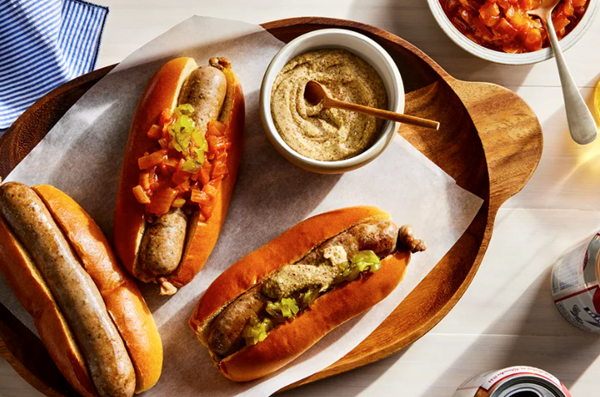 Beef hot dogs with dirty onions & whole grain mustard