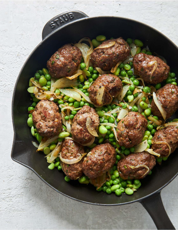 Beef kefta with edamame and English peas