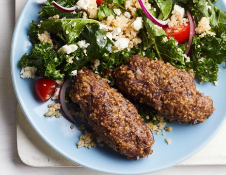 Beef kofta with bulgur & kale salad