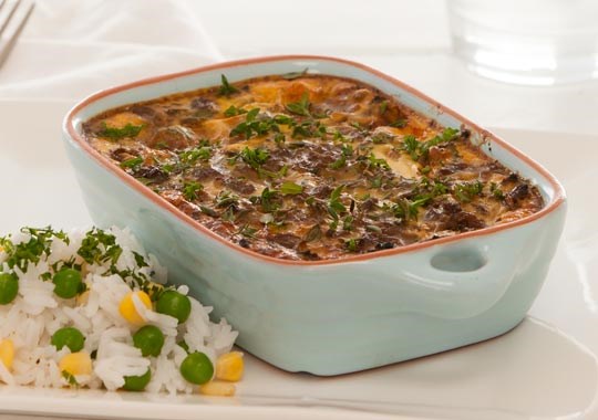 Beef mince bobotie with vege rice