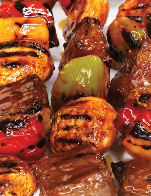 Beef, mushroom and pepper shish kebabs