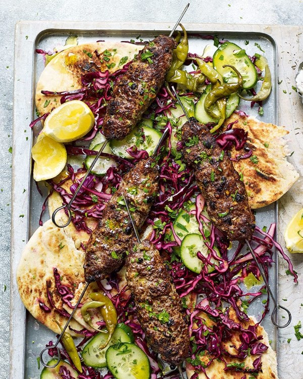 Beef, olive and walnut koftas with red cabbage and flatbreads 