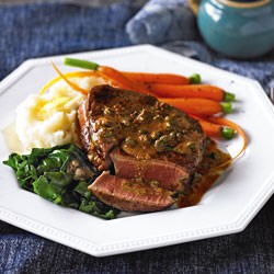 Beef on parsnip mash with horseradish and caper sauce
