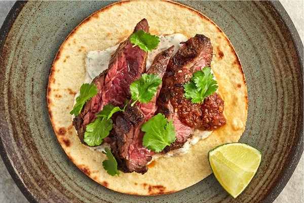 Beef onglet taco with salsa morita and spring onion cream [Nud Dudhia]