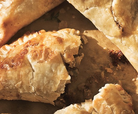 Beef pasties with caramelized onions and Stilton cheese