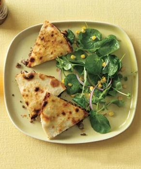 Beef quesadillas with watercress and corn salad