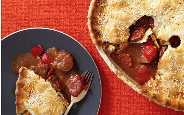 Beef, red pepper and chorizo pie