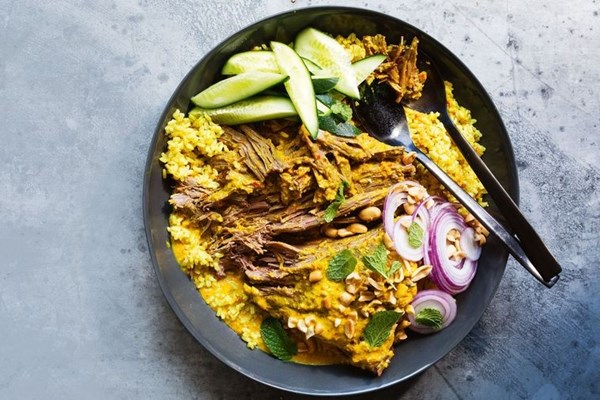 Beef rendang with turmeric brown rice