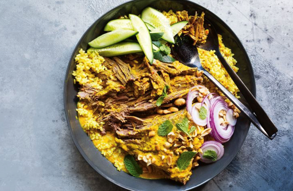 Beef rendang with turmeric brown rice