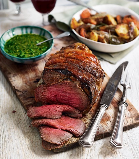 Beef rump with salsa verde and sherry-roast root vegetables