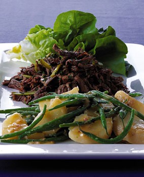 Beef salad with potatoes and cornichons