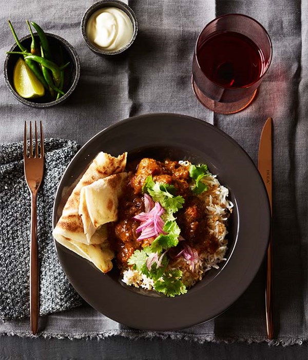 Beef sausage curry with coconut rice