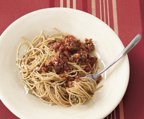 Beef shank and sausage ragù with whole grain spaghetti
