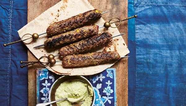 Beef shashlik with tahini and pistachio sauce